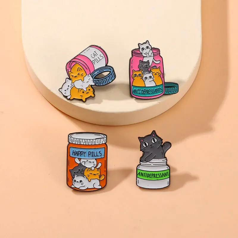 Jar Anti Depressants Cats Badge Bottle Metal Heath Enamel Pin Brooch Certified Cat Lady Meow Catitude Animal Pill Gift Jewelry