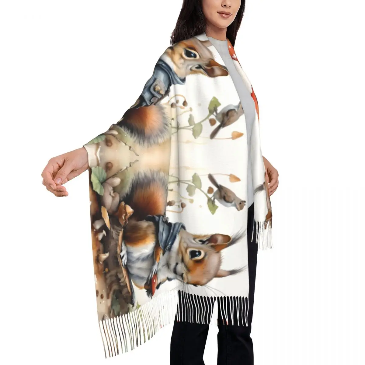 Eekhoorn plukken paddestoelen sjaal wrap voor vrouwen lange winter warme kwast sjaal unisex sjaals