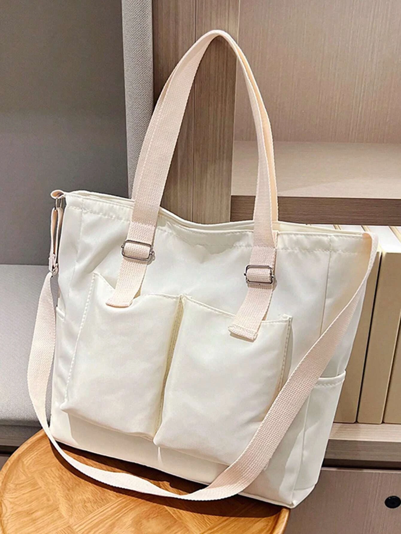 Simple Multi Pocket Large Capacity Tote Bag, Trendy Solid Color Retro Shoulder Bag, Casual Satchel Handbag Fashion Shopping Bag