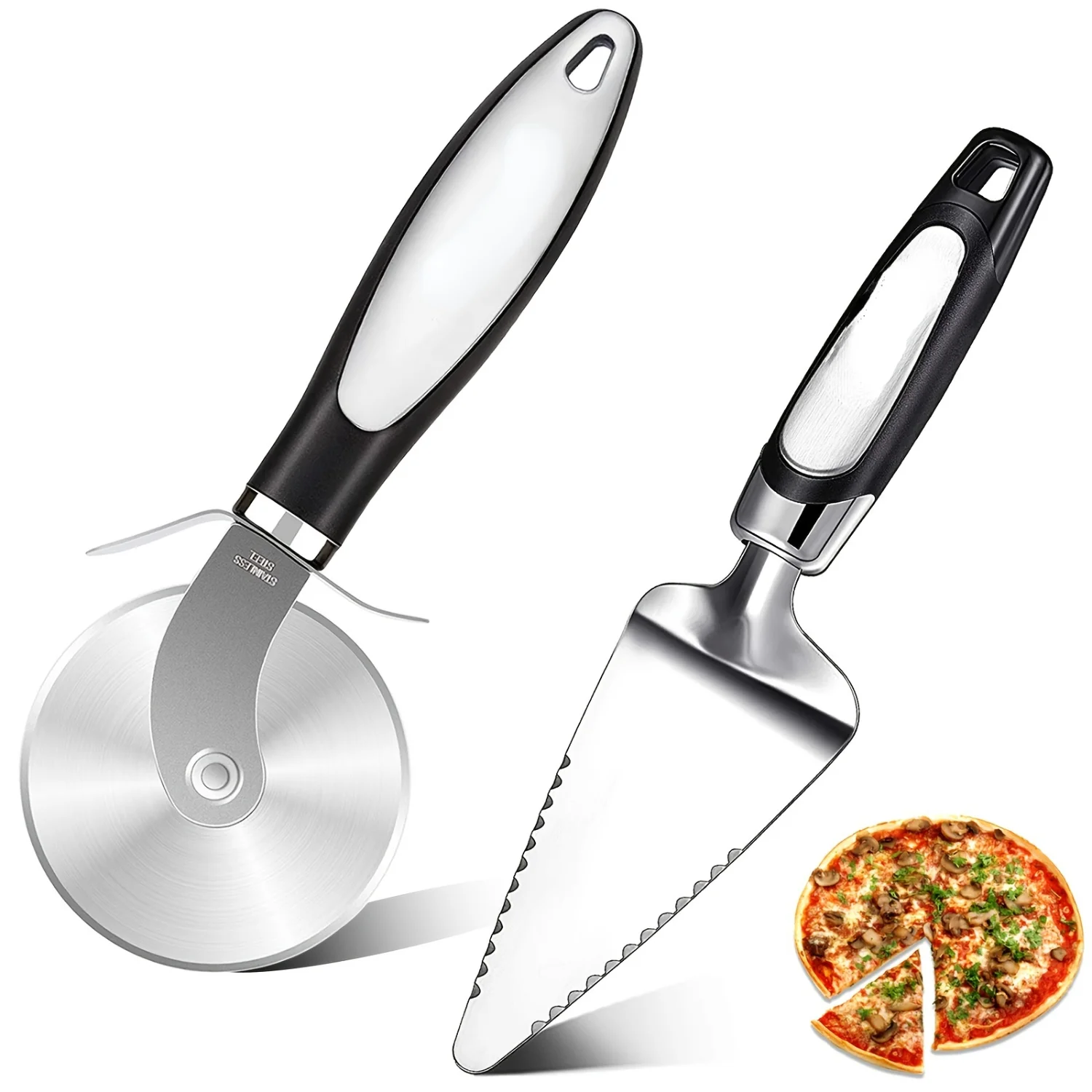 Set of 2 Stainless Steel Pizza Cutter Wheel and Serrated Spatula - Ideal for Perfectly Baking and Slicing Pizza, Essential Tools