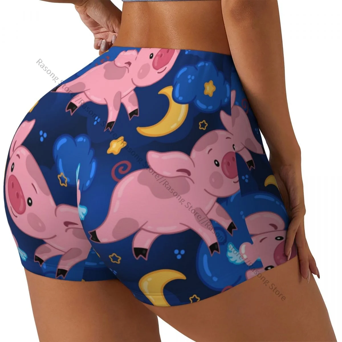 

Women's Yoga Shorts Cute Pigs Night Sky With Moon Clouds And Stars Pattern Scrunch Booty Butt Lifting Comfort Fitness Gym