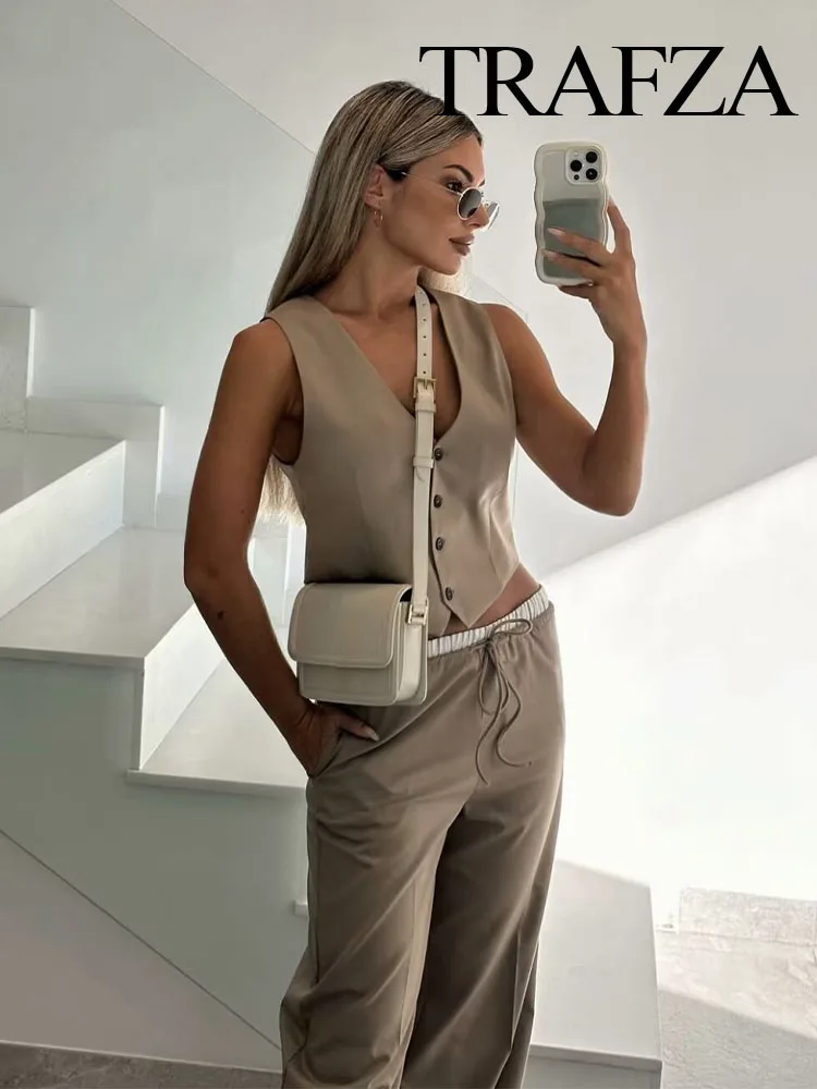 TRAFZA Female Chic Set Solid V-Neck Sleeveless Single-Breasted Waistcoat+High Waist Elastic Waist Pockets Drawstring Long Pant