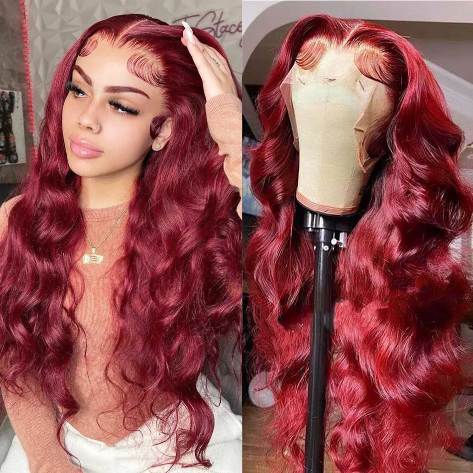 Perruque Lace Front Wig Body Wave Naturelle, Cheveux Humains, Bordeaux 99J, 13x4, Densité 200, Vin Transparent HD, 30 Pouces, pour Femme