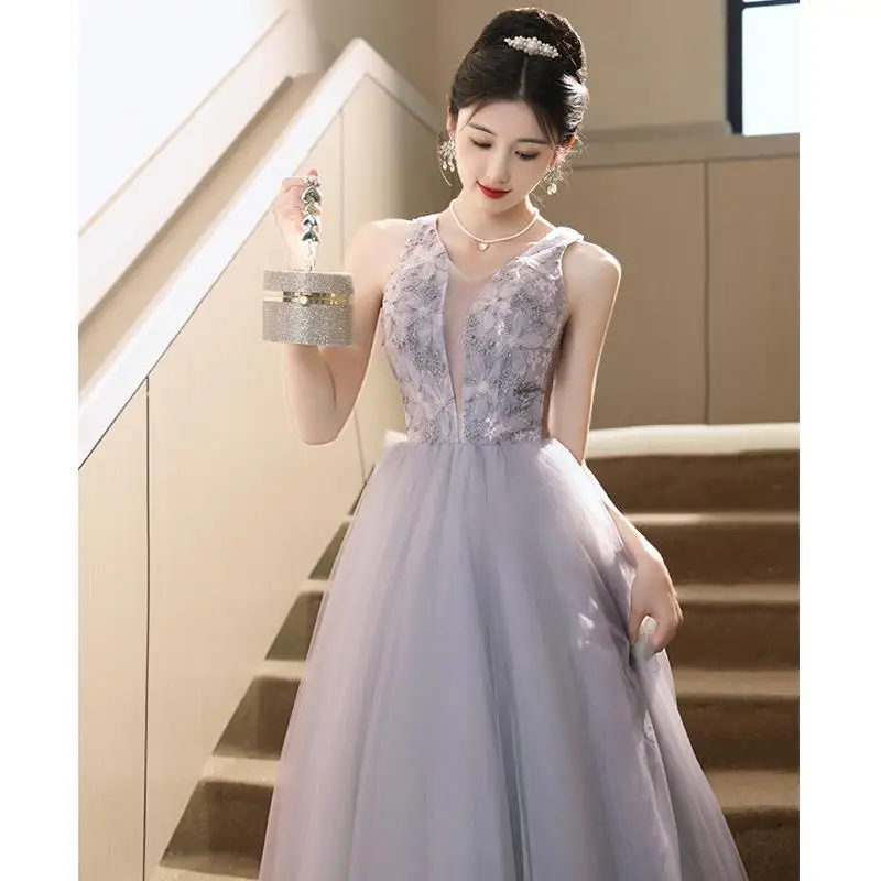 Light Gray Sexy V-Neck Sleeveless Back Bandage Floor-Length A-Line Evening Dresses Women Formal Party Gown Vestidos