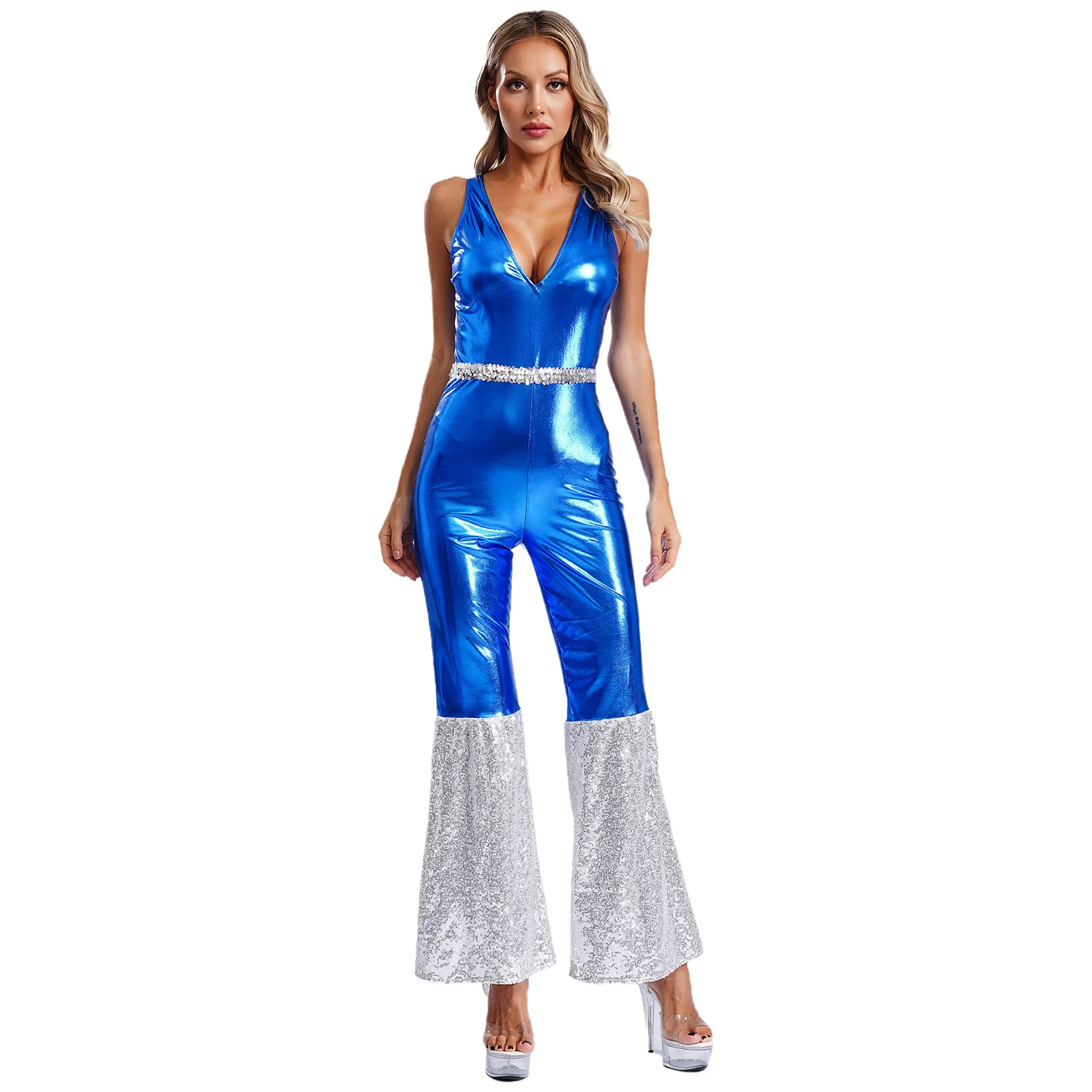 Jazz Disco Shiny Dancing Jumpsuit Womens 70 80 Disco Samba Ballroom Stage Performance Leotard Deep V Neck Bell-bottoms Pants