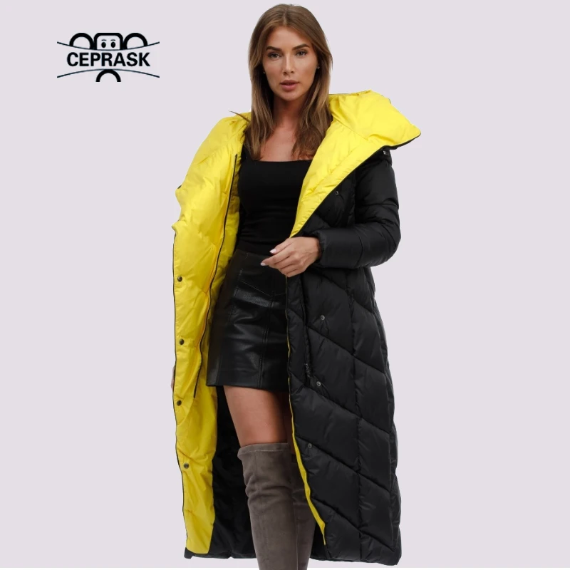 CEPRASK-Chaqueta de plumón para mujer, Parkas con capucha, Abrigo acolchado largo de talla grande, ropa clásica de algodón cálido para invierno,