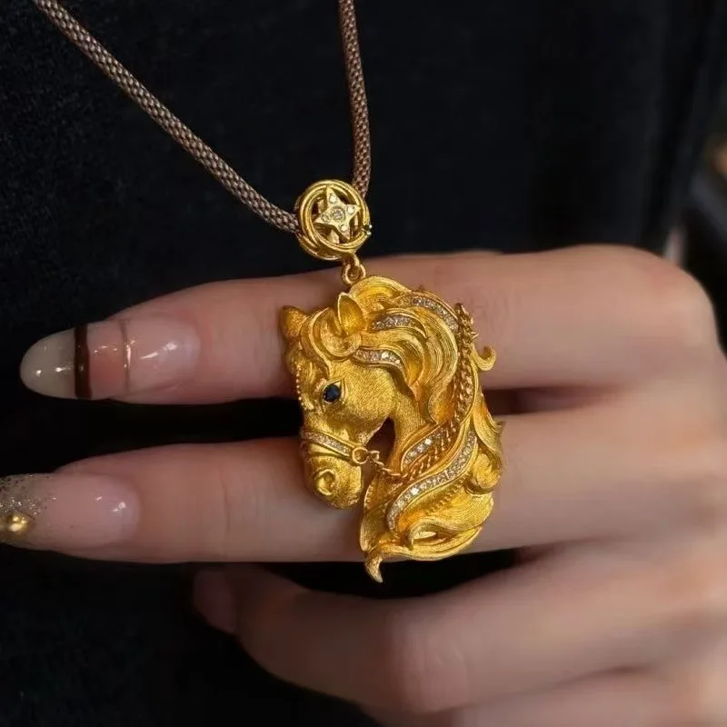 Palace style brushed texture handsome horse pendant exquisite inlay diamonds braided rope necklace charm banquet jewelry gift