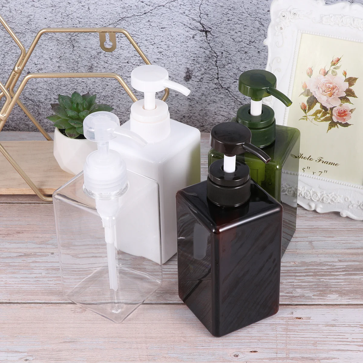 4Pcs Refillable Pump Bottles Durable Transparent Brown White Blackish Green Storage Bottles for Shower Gel Shampoo Travel