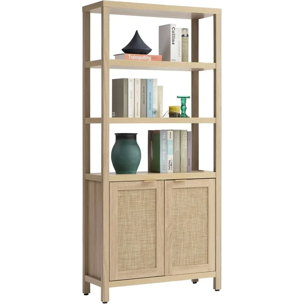 Rattan Bookshelf with Doors, 5 Tier Book Shelf, Storage Wood Shelves, Large, Safe and Secure, Easy To Assemble, Bookcases