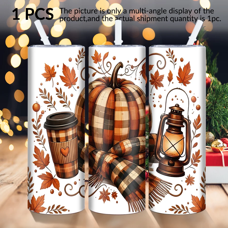 1pc 20Oz stainless steel straight cup with straw cover Christmas pumpkin elements suitable for Christmas and Halloween as gifts.