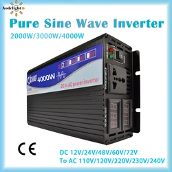 Onduleur à onde sinusoïdale pure avec double affichage numérique, onduleurs solaires pour voiture, DC 12V, 24V, 48V, 60V, 72V à AC 2000 V, 3000 V, 4000W, 110 W, 220 W