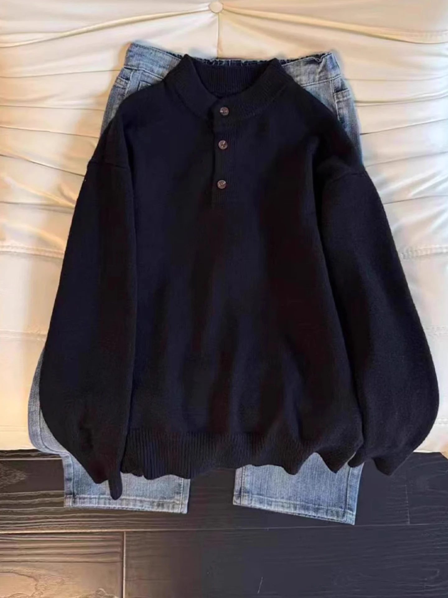 

Мужской свитер в стиле ретро с воротником хенли, свободный крой, вязаный базовый слой, теплый, осенне-зимний, повседневный, комфортный