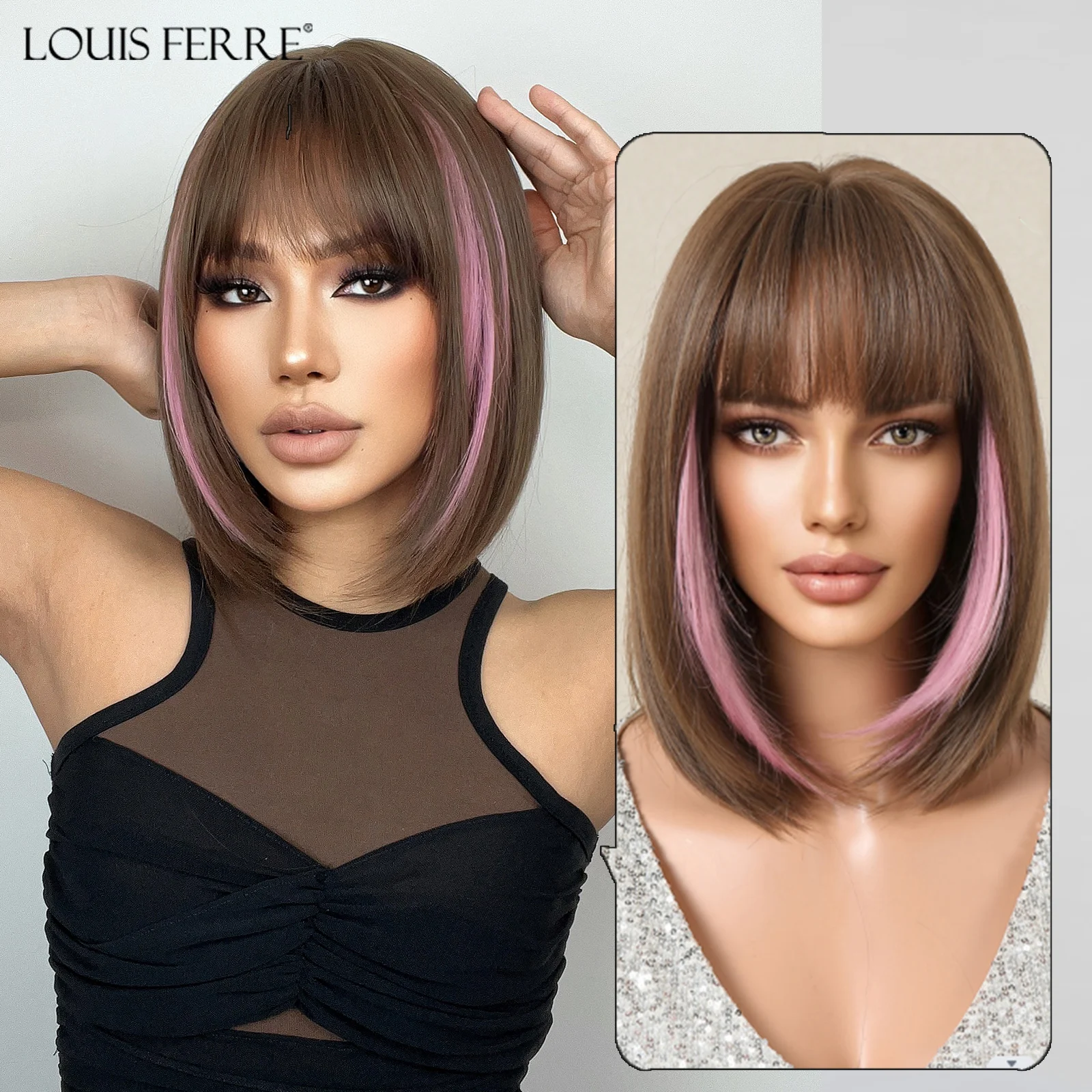 

LOUIS FERRE Short Brown With Pink Highlights Bob Wigs for Women Natural Straight Synthetic Wigs With Bangs for Daily Use Cosplay