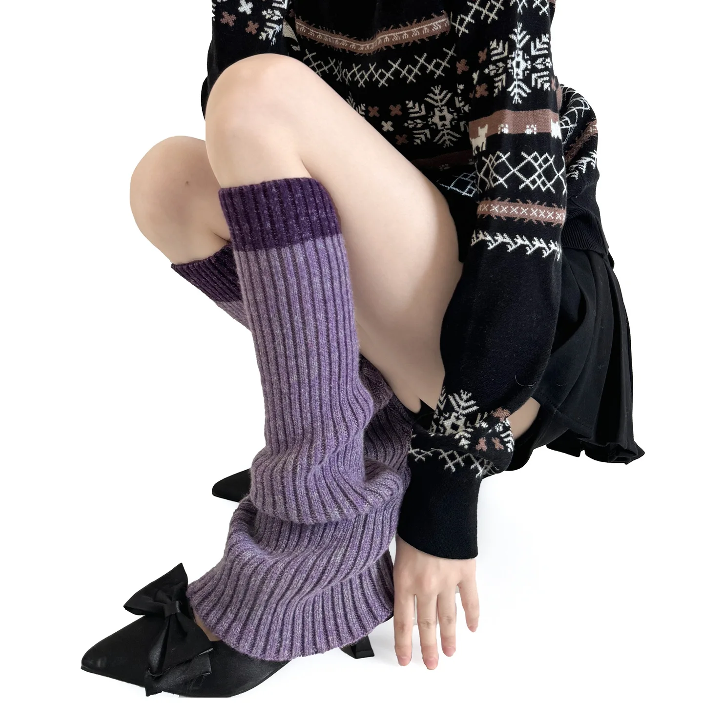 New Autumn Winter Color Blocking Knitted Leg Warmers Y2K Lolita Women Girls Warm Foot Covers Crochet Loose Long Socks Boot Cuffs