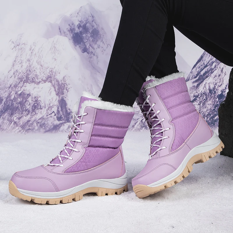 New Winter Women Boots Warm Plush Mid-Calf Women\'s Snow Boots Lace-up Outdoor Waterproof Hiking Boots Chaussures Femme Size 42