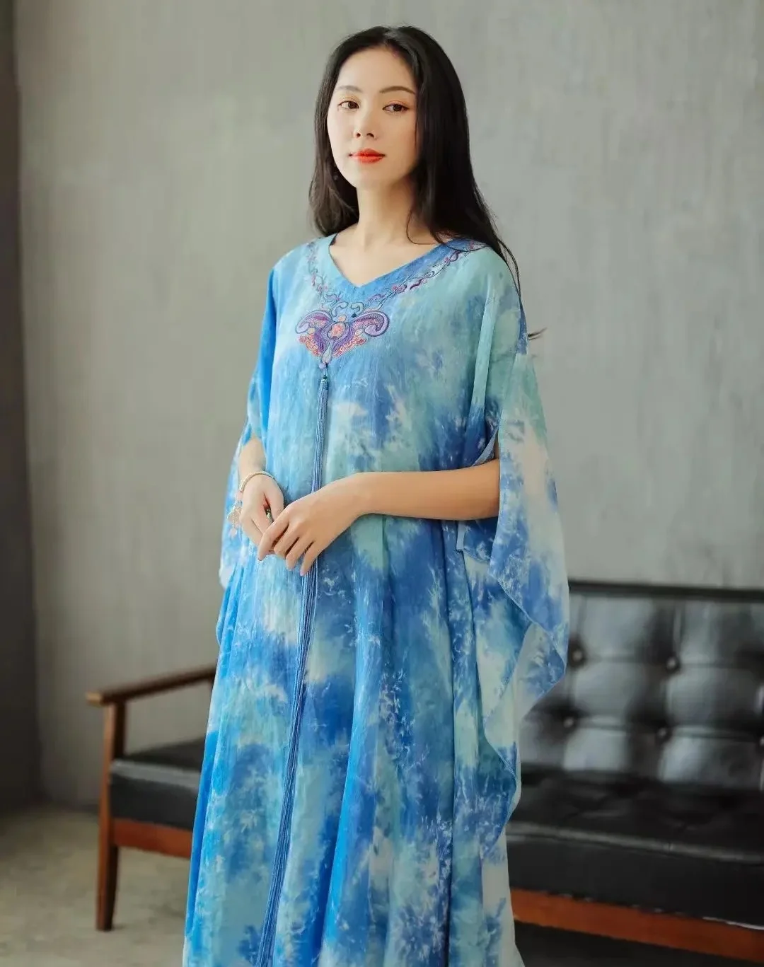 Vintage Two piece dress set Silk linen tie-dyed Long dresses Chinese style half sleeved loose Women holiday dresses blue robe