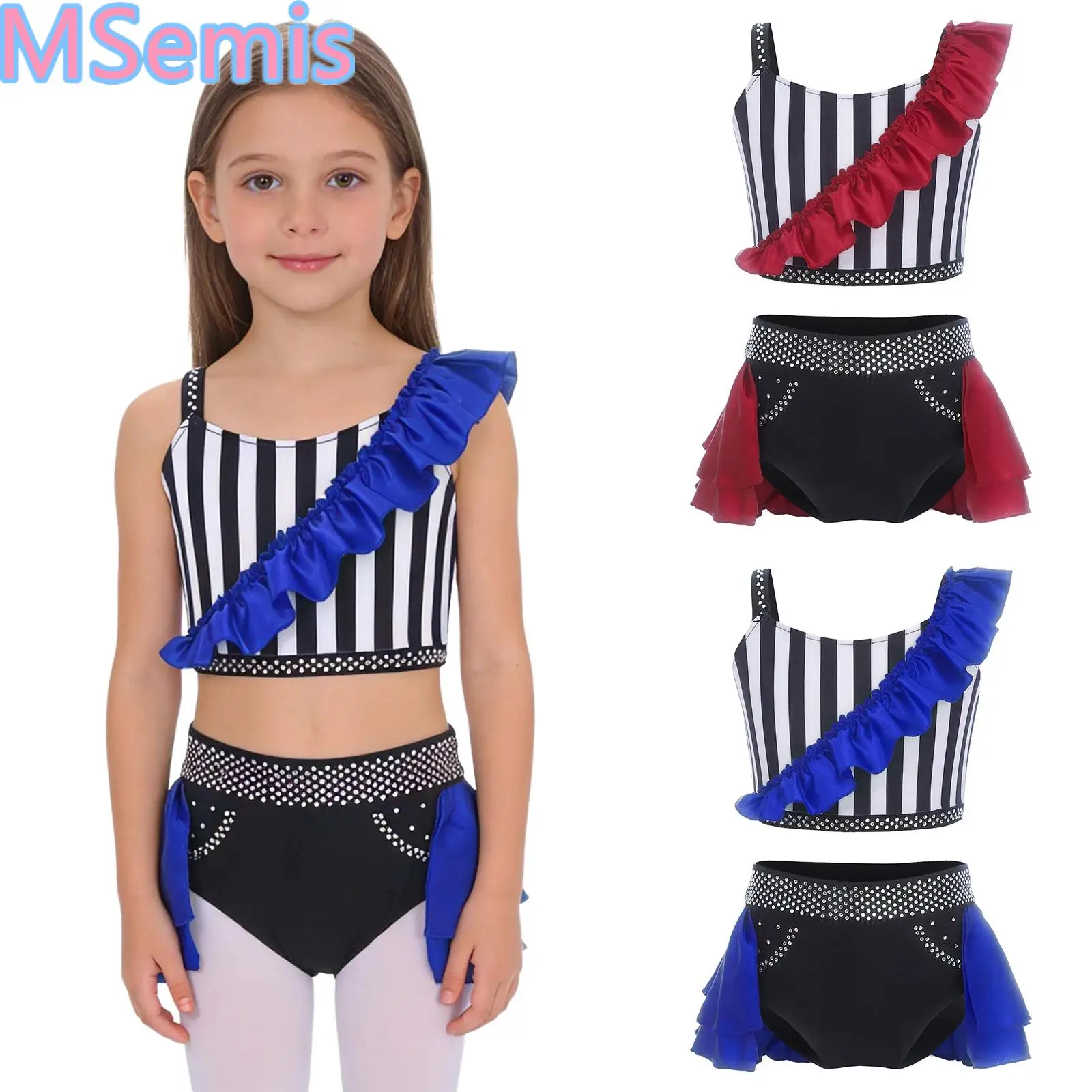 Kid Girls Circus Dress Up Outfit Figure Skating Modern Ballet Dance Activewear Stripe Sleeveless Crop Top with Ruffle Briefs Set