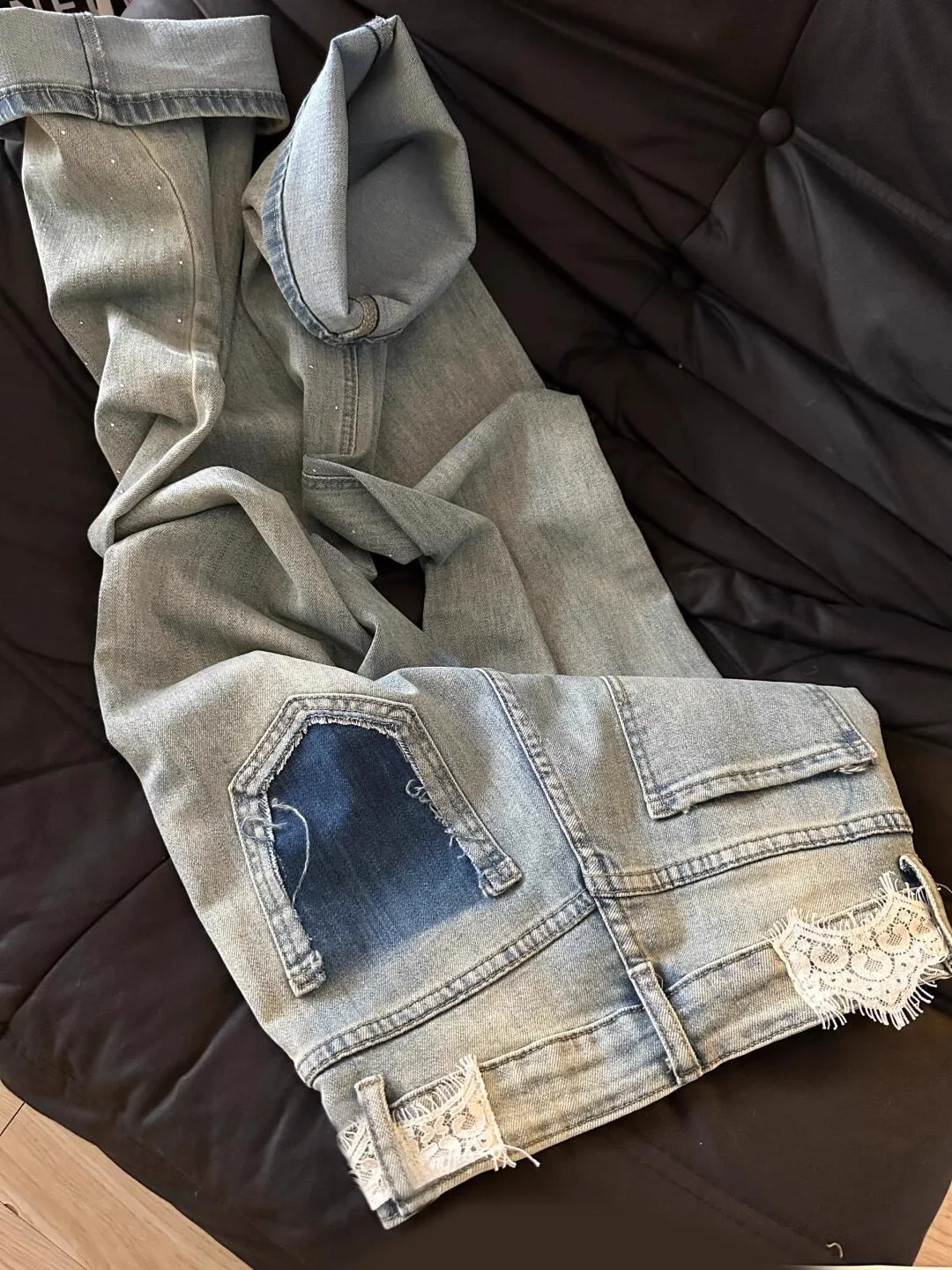 Retro renda emenda strass calças jeans femininas primavera outono cintura alta perna larga jeans coreano versátil solto calças retas