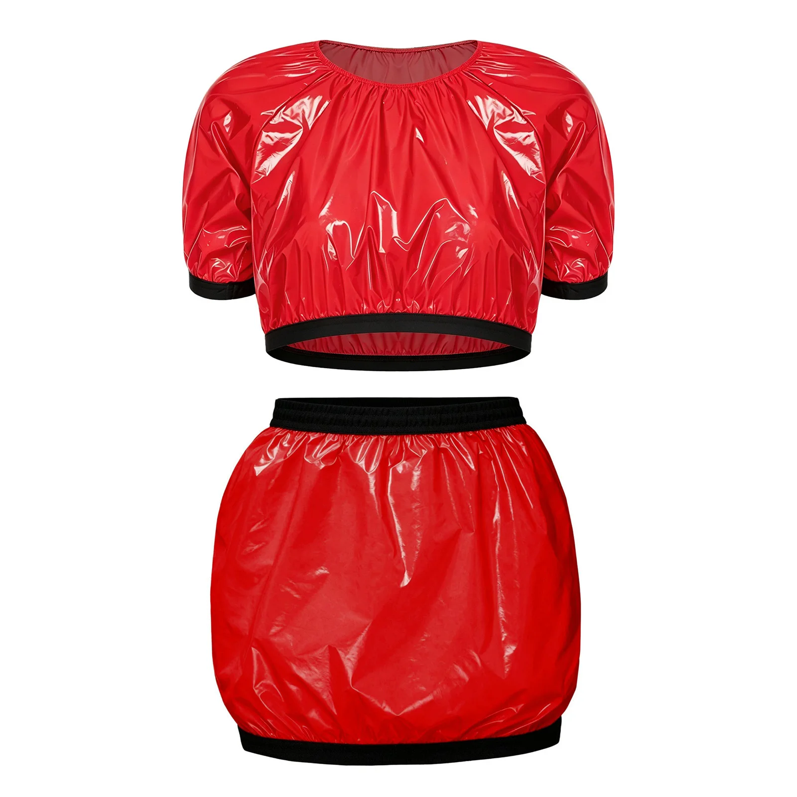 Woman's Y2K 2 Pcs Outfit Waterproof Vinyl Crop Top with Bodycon Skirts Plastic Swimwear Rave Party Club Dance Costume