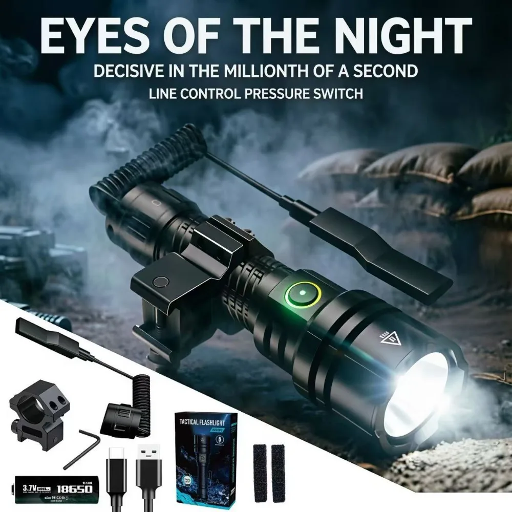 2200LM Tactical Flashlight 5 Modes Dimmable USB‑C Direct Charging Torch Compatible with Picatinny Rail for Security Defense Use