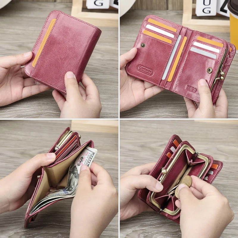 Anti-theft Brush Three Fold Strap Iron Hinge Genuine Leather Multifun Ctional Short Women Wallet Coin Purse Holder Women Wallets