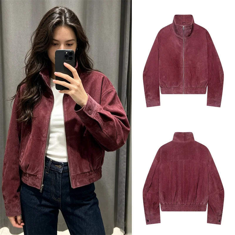 Guobioziy Women's Jacket 2026 Early Autumn New Arrival Fashionable Simple Stand Collar Pure Leather Pilot Jacket Short Coat