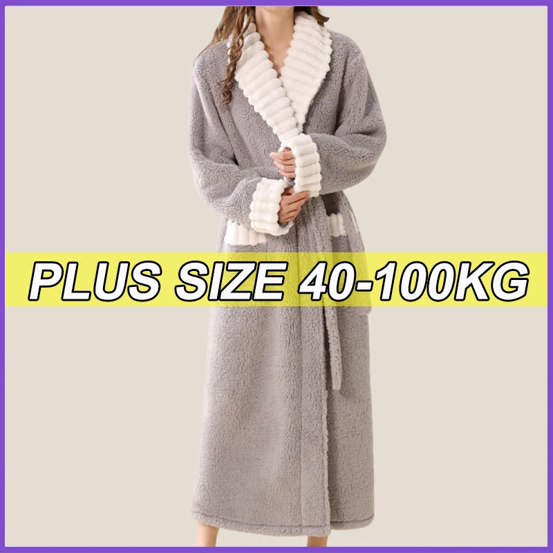 

40-100KG Plus Size Winter New Flannel Long Robe Women's Sleepwear Bathrobe Thicken Warm Coral Fleece Nightgown Loose Homewear