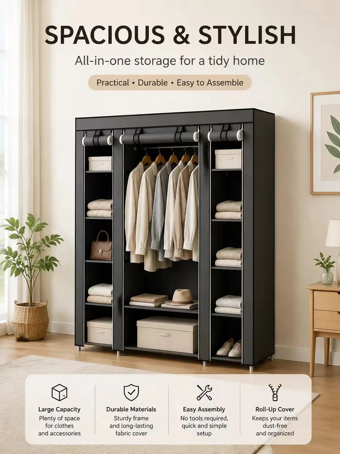 Tragbarer Kleiderschrank Kleiderorganizer aus Vliesstoff Aufbewahrungsschrank für Schlafzimmer 146 * 44 * 175cm Aufbewahrungsregale
