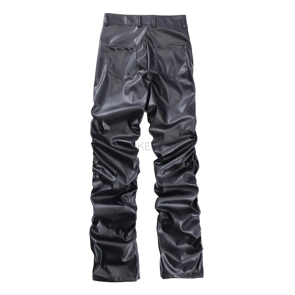 Designer Mens Pleated Pu Leather Pants High Street Trousers Y2k Hip Hop Punk Pants Casual Streetwear Grunge Clothes Black