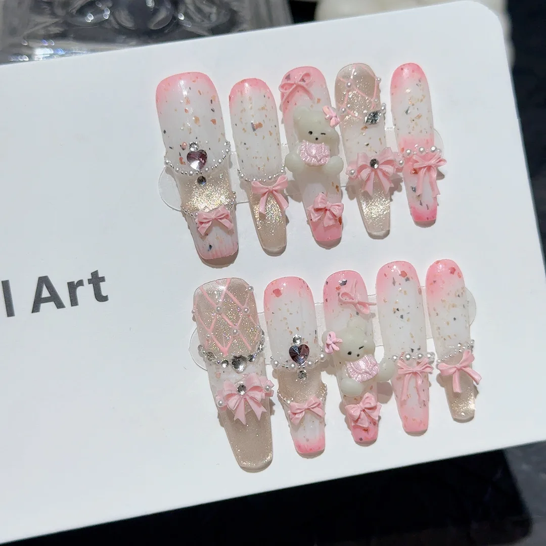 

10pcs Handmade Sweet Pink Peach Press on nails with Cute 3D Bow Bear Cat's eye False Nails Lolita Princess Y2k Korean Fake Nail