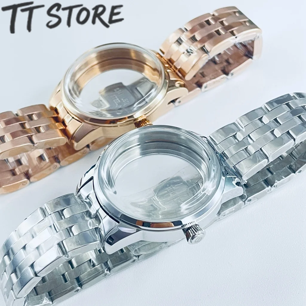 Stainless Steel Watch Case 33MM with Arch Glass Transparent Backcover Silver Rose for NH35 NH38 Movement Watch Accessories