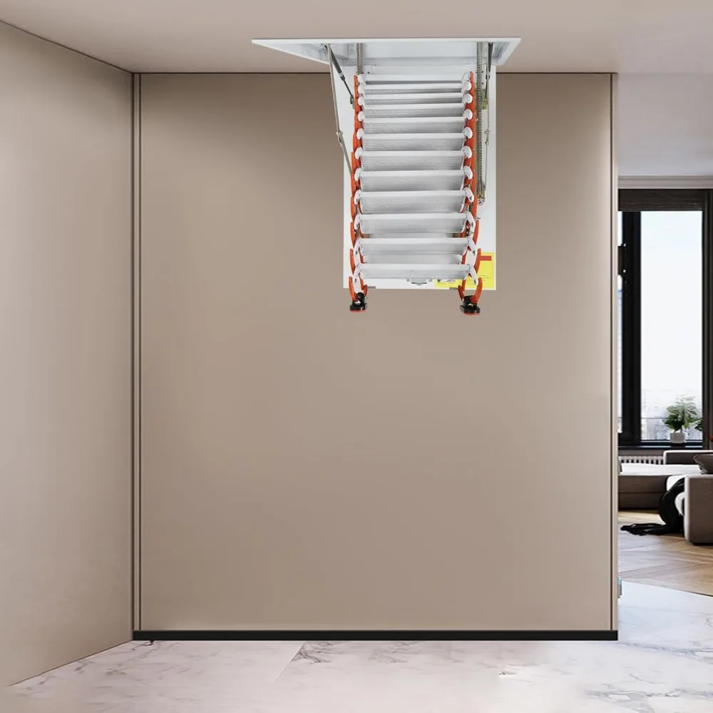 天井取り付け式ロフトはしご、10フィートの到達距離、11段、角度調整可能、耐荷重660ポンド、頑丈なプルダウンシステム