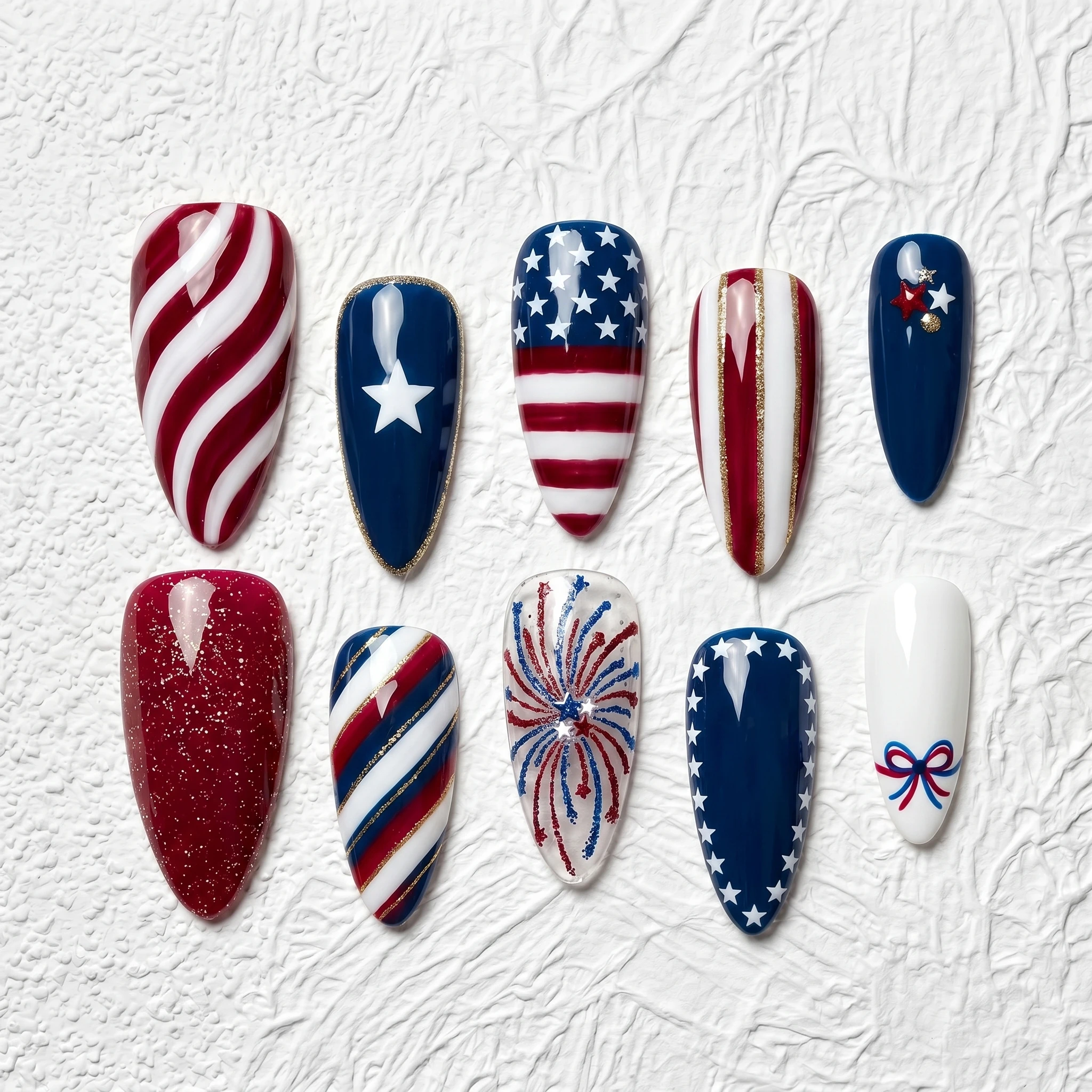 Artisan Handcrafted 10PCS USA Independence Day Almond Press-On Nails | Flag Stripes, Stars, Fireworks, Glitter Patriotic Party