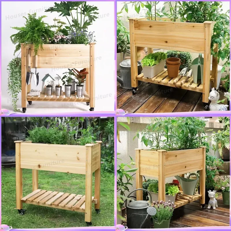 Elevated Wooden Garden Planter Box on Wheels Outdoor Raised Bed with Removable Pots for Herbs Vegetables Flowers Mobile Plant