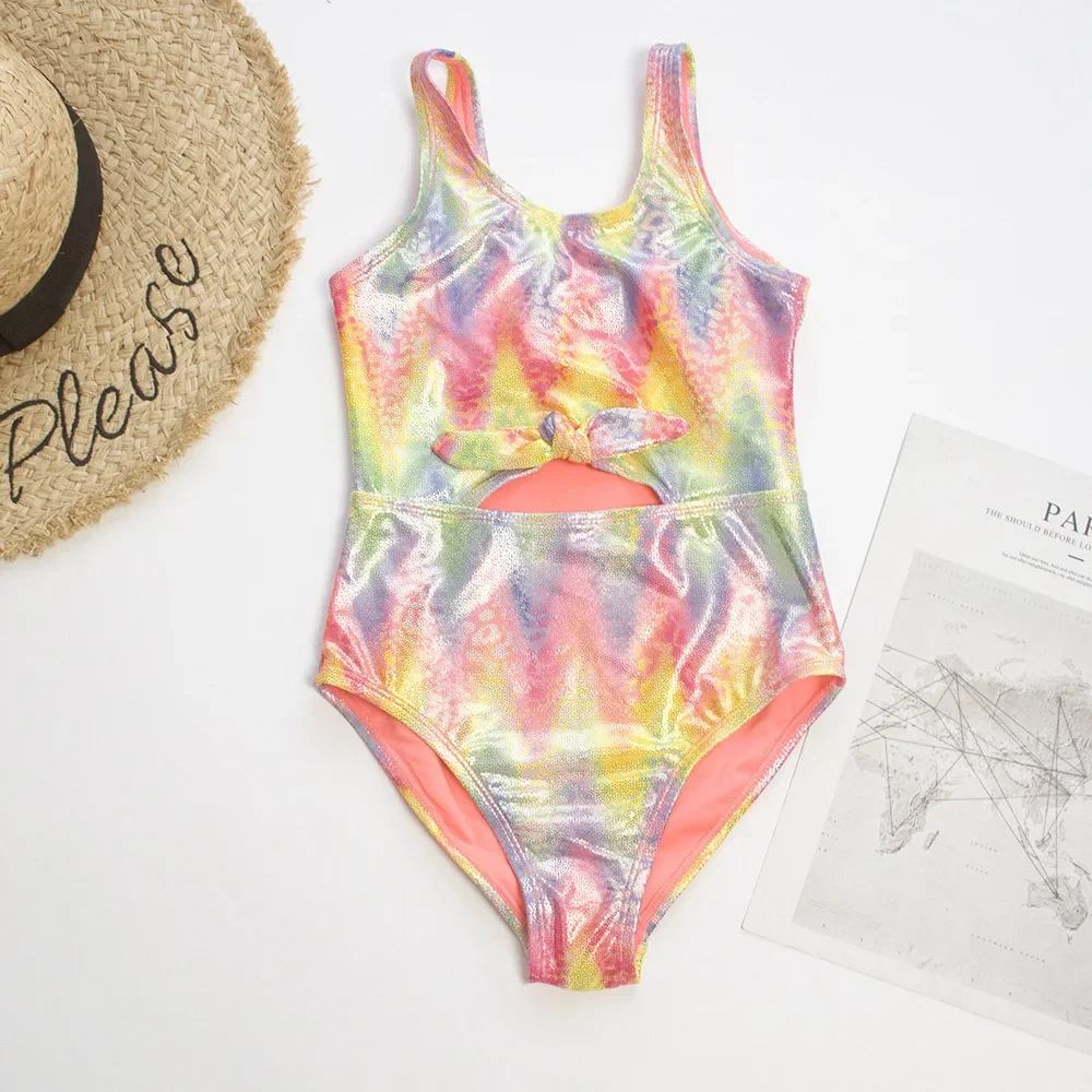 Bow Deco Gradient Print Children Girls Kids One Piece Swimwear Swimsuit Summer Hollow Shinning Teen Kids Bathing Swimming Suit