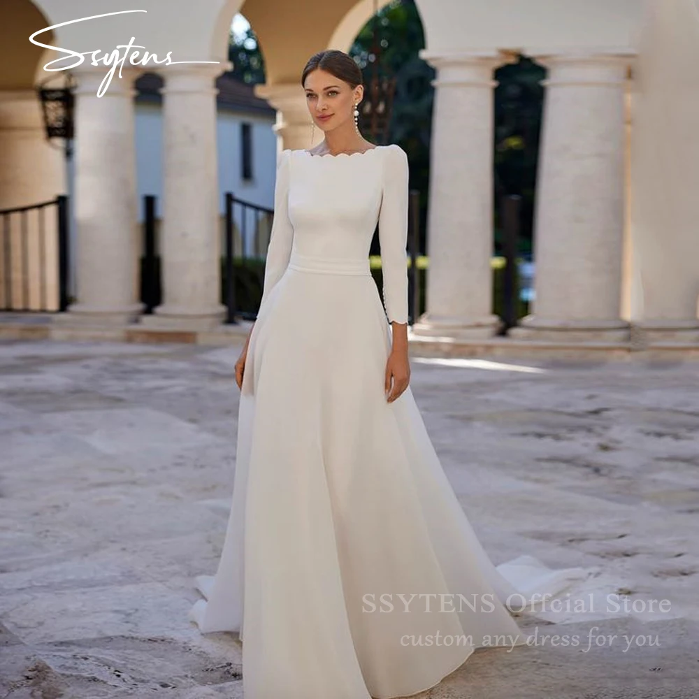 

SSYTENS Vintage Ivory Wedding Dresses For Bride Silk Satin Full Sleeves Bridal Gown Backless Formal Vestidos De Novia Customized