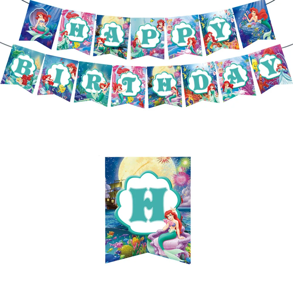 

Disney Little Mermaid Theme Children's Birthday Party Flag Pulling Banners Decorative Supplies Disposable Tableware