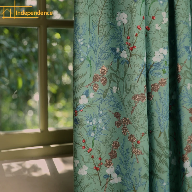 Vintage Pastoral American Green Printed Thick Blackout Curtains for Living Room Bedroom Balcony Customized Finished Product