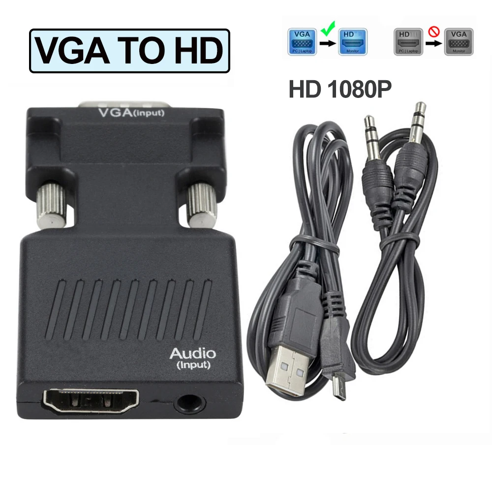 محول HDMI متوافق مع محول HDMI إلى ga ، محول من من من P VGA ، مقبس صوت للكمبيوتر الشخصي ، كمبيوتر مكتبي ، تلفزيون عالي الدقة ، جهاز عرض ، صوت فيديو