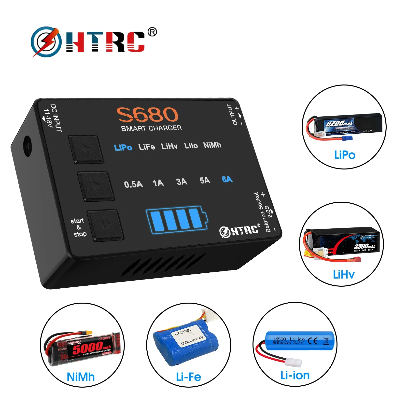 HTRC S680 Mini Smart Battery Charger AC DC 80W 6A RC Charger for Lipo/Life/LiHv/Lilon/NiMh Battery Balance Charger