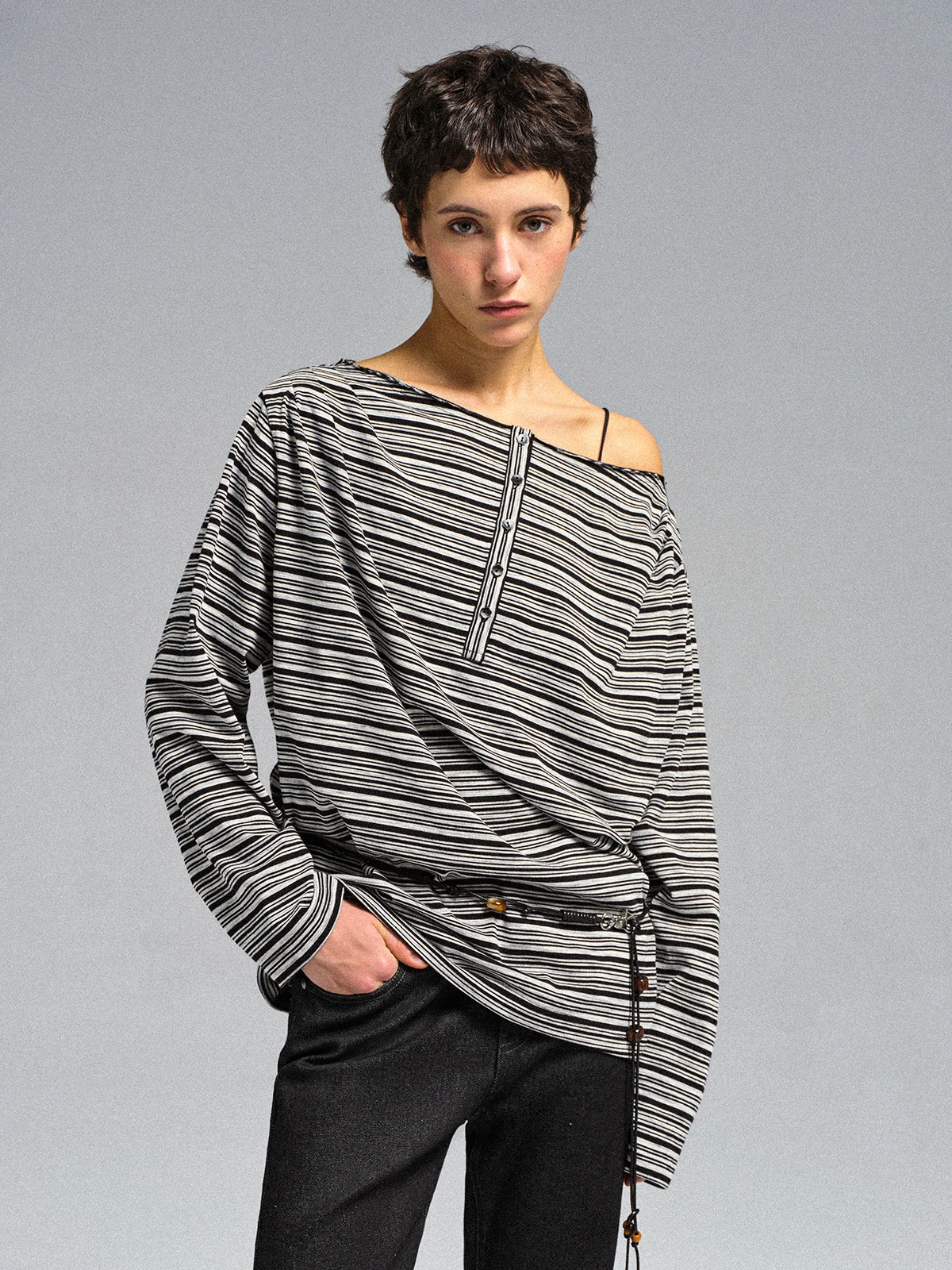

Flowresays Milan Elegance Long Sleeve T-Shirt Lazy Cover up Top Striped Half Button Front One Shoulder Design Cotton Knitted