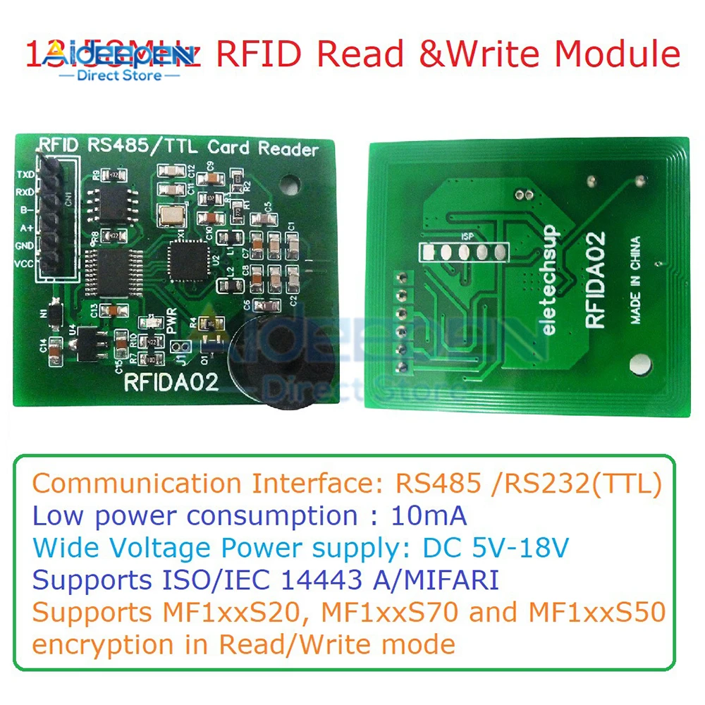 

RFIDA02 RS232(TTL) UART 13.56MHz RFID UID IC Card Reader Reader/Writer DC 5V-18V For M1 S50 S7