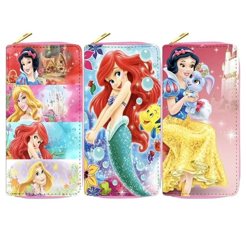 Disney Princess Wallet Cartoon Belle Alice Ariel Snow White Womens Blocking Leather Zip Around Wallet Long Purse Credit Card