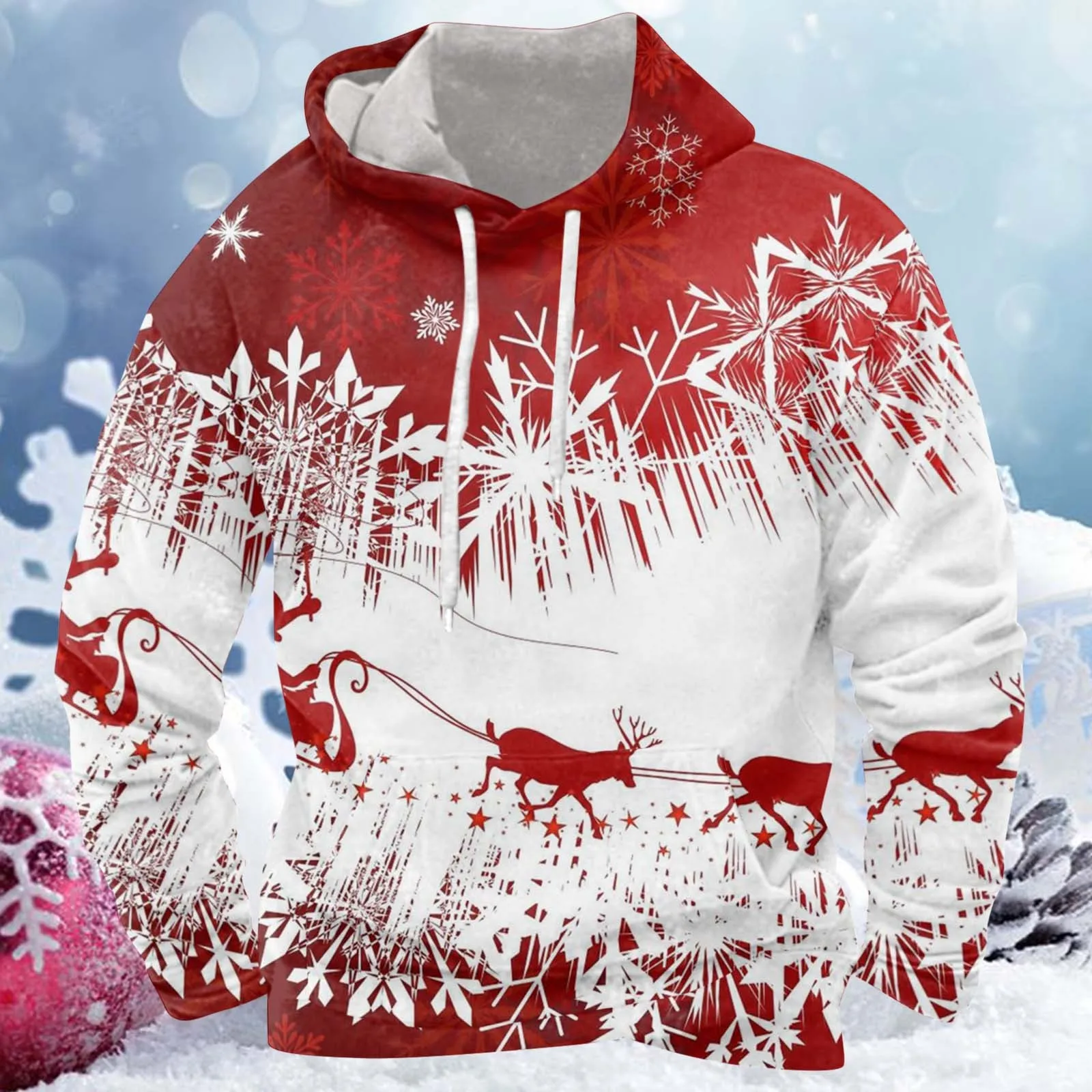 

Men's Autumn And Winter Christmas Collection Snowflake Reindeer Printed Stylish And Comfortable Hoodie Pullover With Pocket