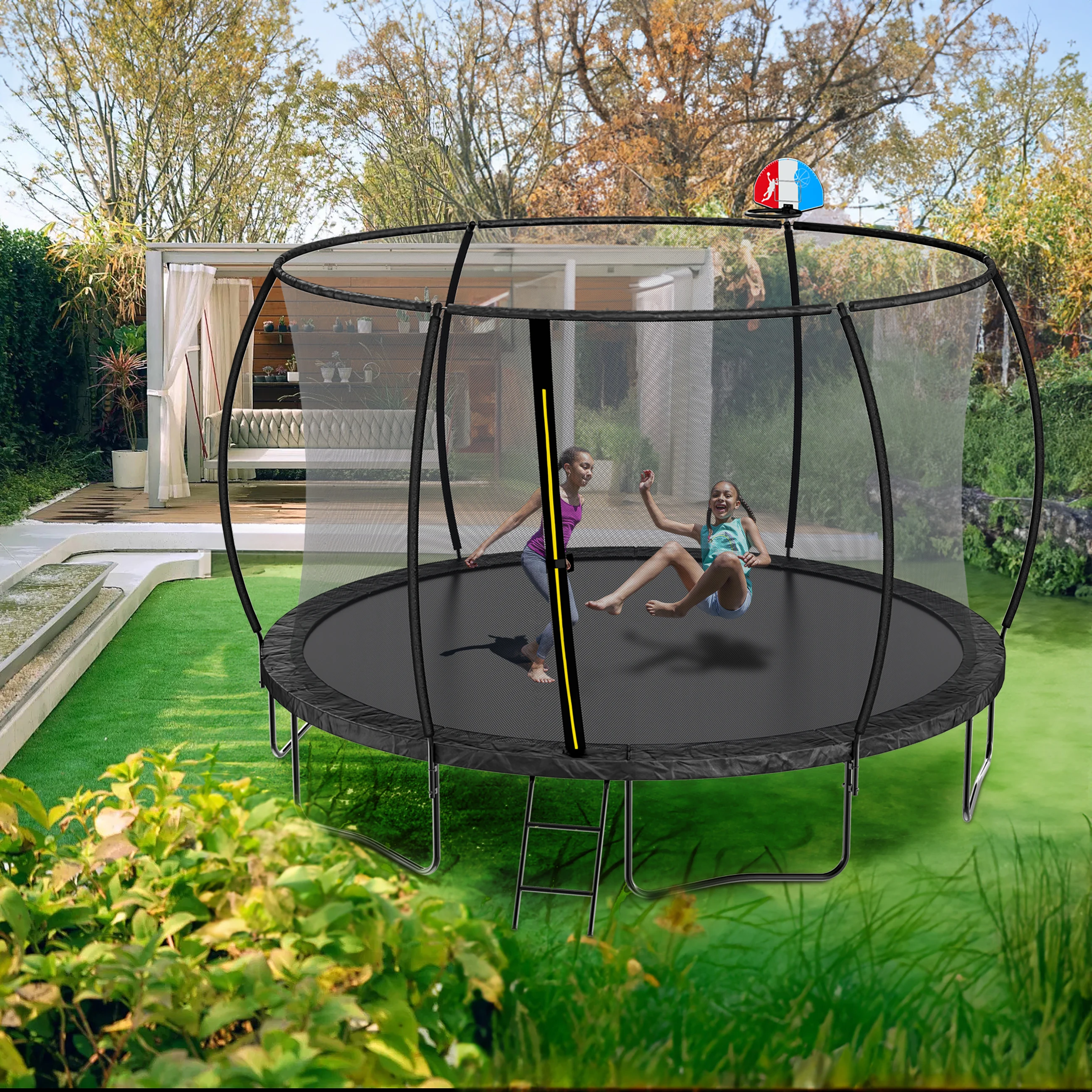 

12FT Trampoline with backboard , Outdoor Pumpkin Trampoline for Kids and Adults with Enclosure Net and Ladder