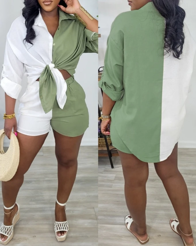 Elegant 2-piece sets for women 2024 new fashion trend color blocked long sleeved asymmetrical hem top casual shorts women's set