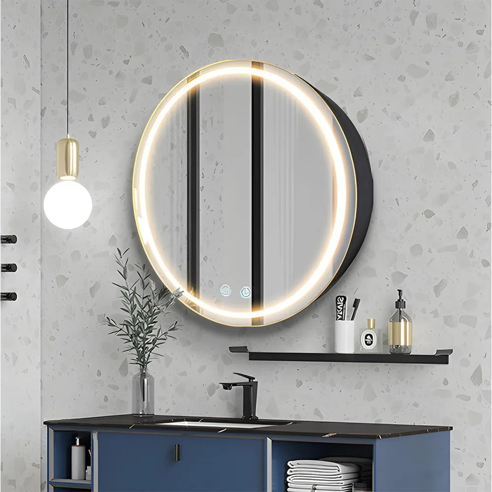 Round mirror cabinet, LED medicine cabinet with defogger, bathroom lighting mirror cabinet, dimmable, anti-fog, 3 colors