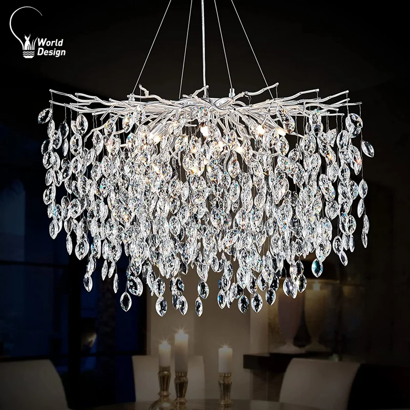 

Silver Ceiling Hanging Crystal Chandelier Lighting Luxury Round Pendant Light Fixture for Living Room Foyer Over Dining Table