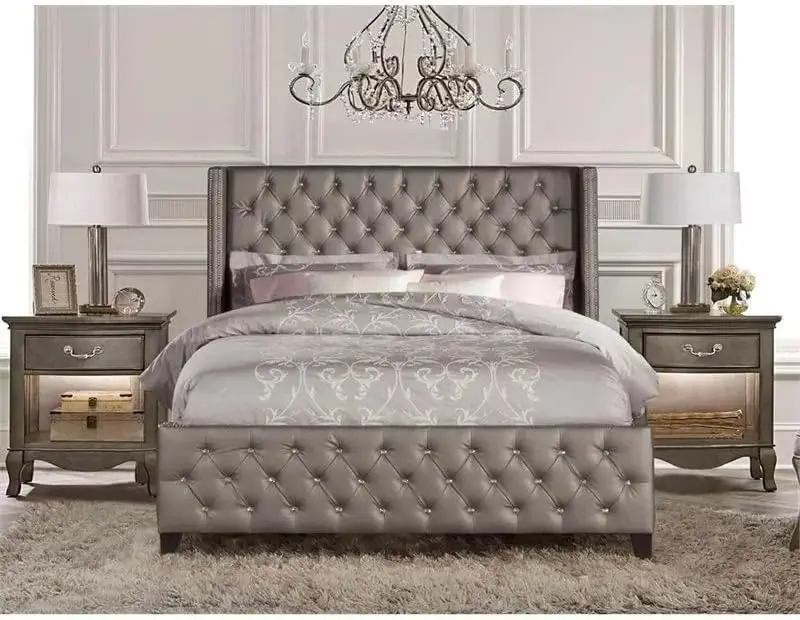 Queen Size Faux Leather Upholstered Panel Bed with Deep Button Tufting and Tall Headboard 73.3