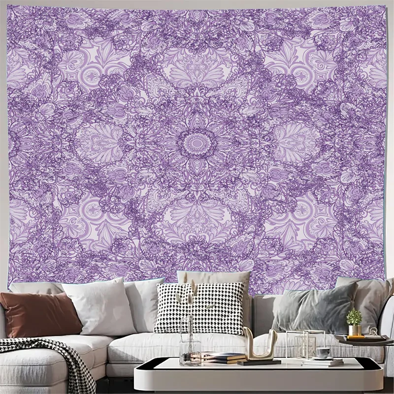 Bohemian Purple Mandala Tapestry Wall Hanging Boho Living Room Decor Art Poster Floral Pattern Large Size Aesthetic Bedroom Apar